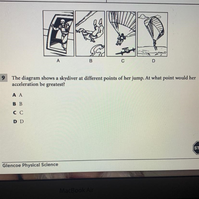 The diagram shows a skydiver at different points of her jump. At what point would-example-1