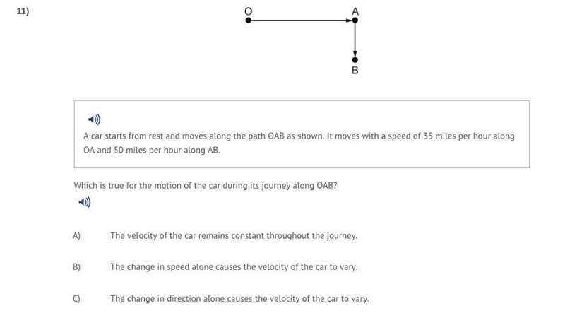 Which is true for the motion of the car during its journey along OAB? 12) A) The velocity-example-1