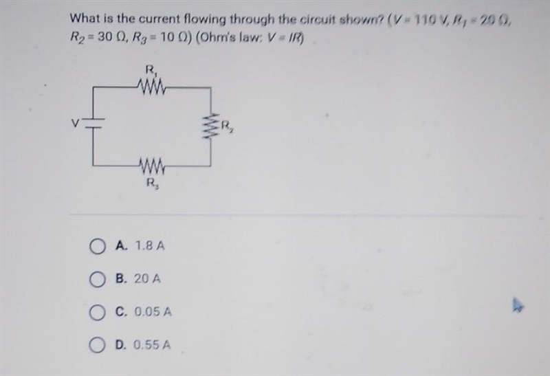 What is the current flowing through the circuit shown? (V= 110 V, R, = 200, R2 = 300, R-example-1