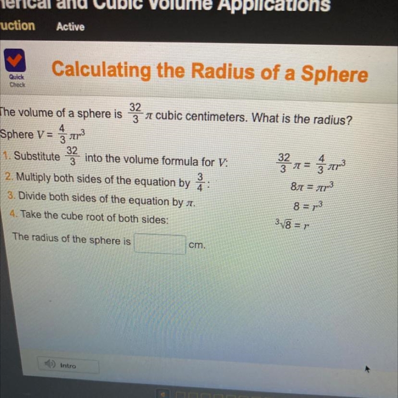 The volume of a sphere is 33 n cubic centimeters. What is the radius? 32 34 1 = ģistorie-example-1