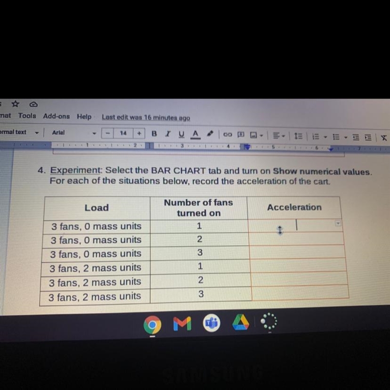 Numerical values for each of the situation below, record the acceleration of the cart-example-1