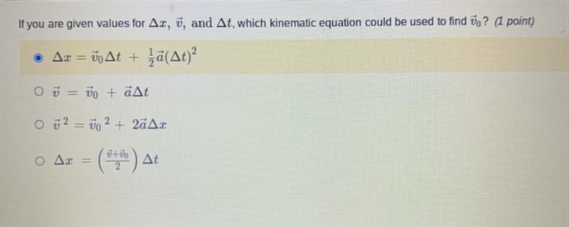 If you are given values for, Ay, and At, which kinematic equation could be used to-example-1