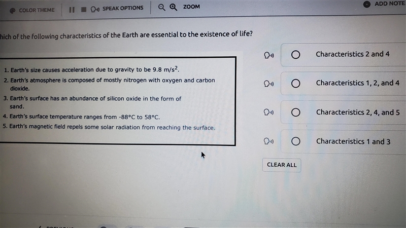 Which of the following characteristics of the earth are essential to the existence-example-1