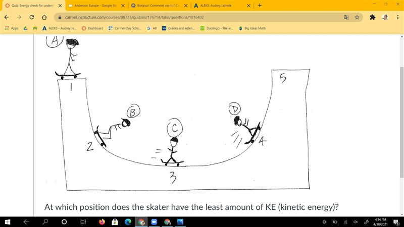 At what point does the skater have the least amount of KE kinetic energy?-example-1