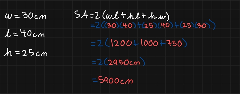 A box is 30cm wide 40cm long and 25cm high calculate area boa-example-1