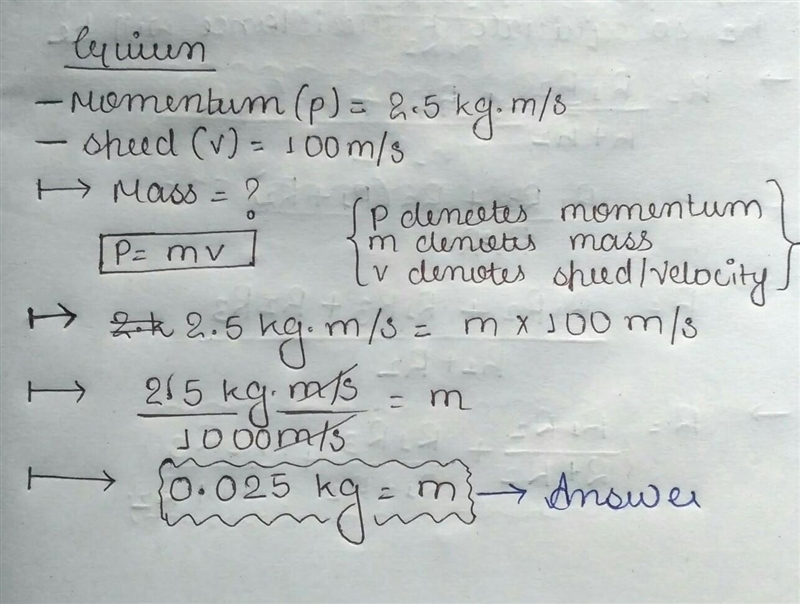 The momentum of an object is 2.5 kg•m/s, and it is travelling at a speed of 100 m-example-1