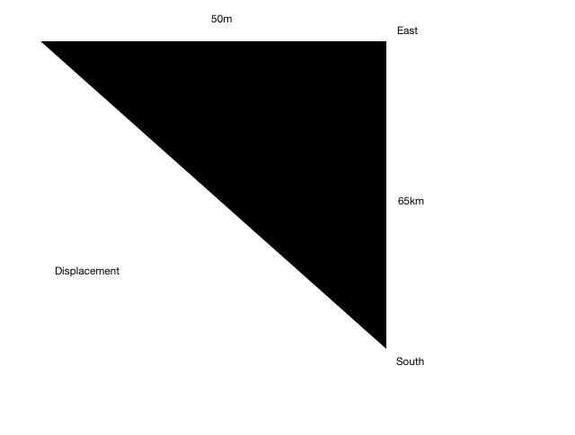 Saeed moves 50 m east then 65 m south to reach the garden. What is the displacement-example-1