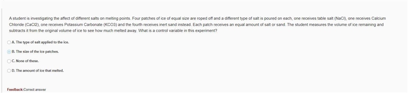 A student is investigating the affect of different salts on melting points. Four patches-example-1