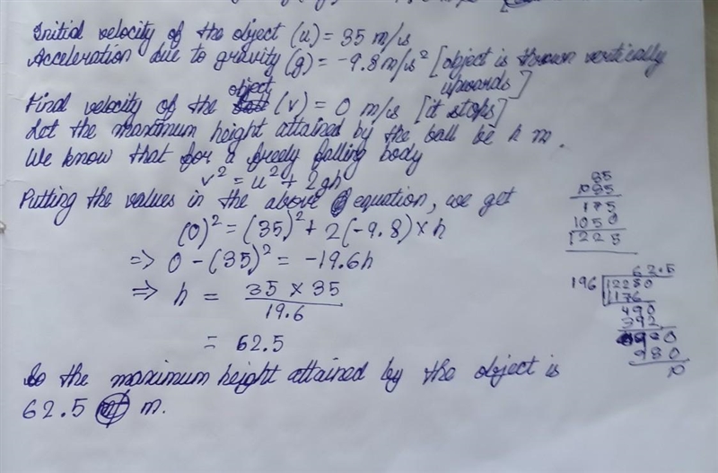 5. An object is thrown into the air with initial velocity u = 35 m/s. Assume the acceleration-example-1