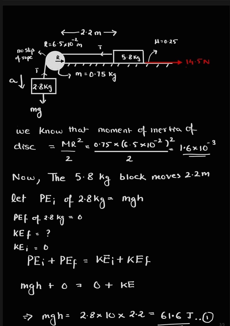 The pulley is a uniform disk with a mass of 0.75 kg and a radius of 6.5 on between-example-1