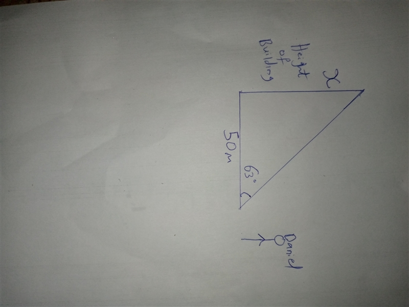 50.0 meters away from a building. Tip of the building makes an angle of 63.0° with-example-1