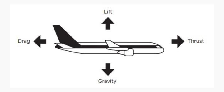 Four basic forces act on an airplane while in flight: lift, weight, drag, and thrust-example-1