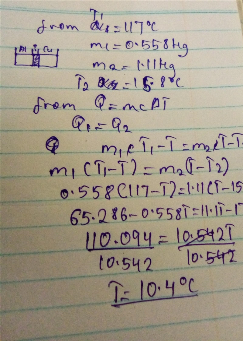 NEED HELP A 0.558 kg block of copper at 117°C comes in contact with a 1.11 kg block-example-1