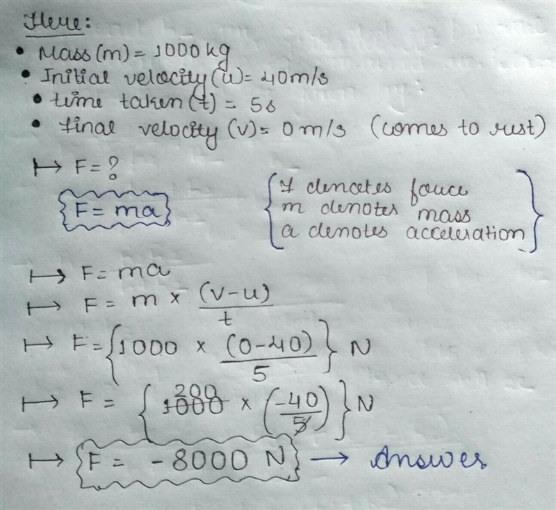 6) A car of mass 1000kg moving with a velocity of 40m/s collides with a tree and comes-example-1