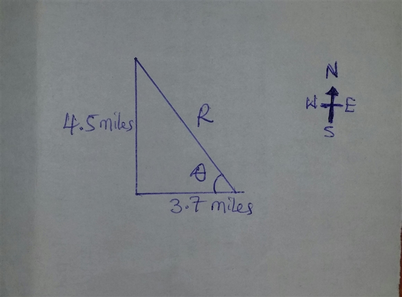 A woman runs 4.5 miles south and 3,7 miles east. What is the angle of the displacement-example-1