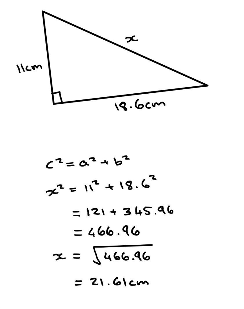 6. A right triangle has legs that are 18.6 cm and 11.0 cm. What is the length 8 of-example-1