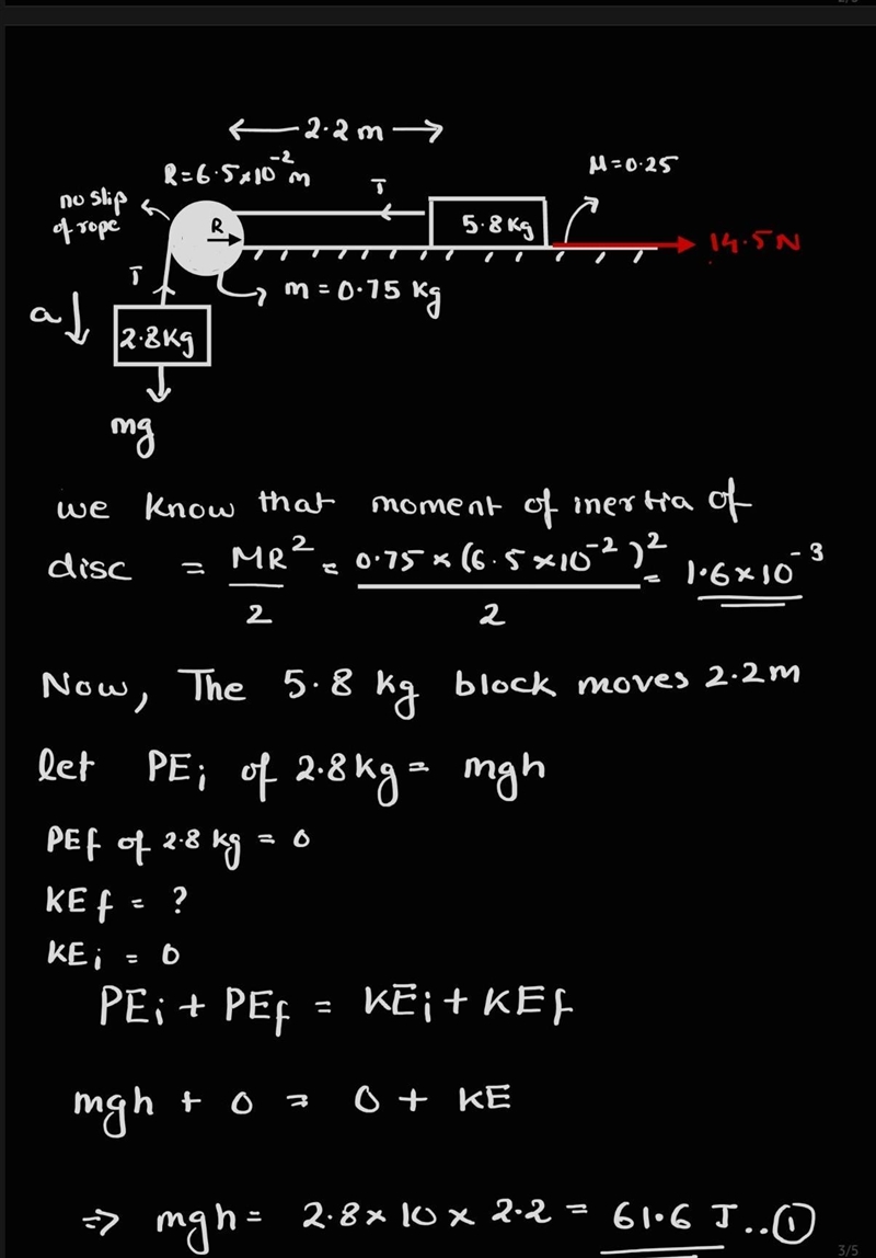 In the system shown above, the pulley is a uniform disk with a mass of .75 kg and-example-1