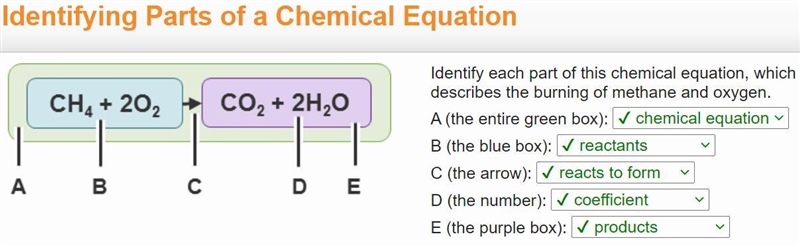 Identify each part of this chemical equation that describes the burning of methane-example-1