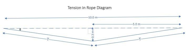 A 60 kg acrobat is in the middle of a 10 m long tightrope. The center of the rope-example-1