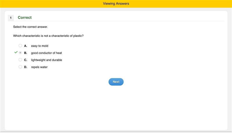 Select the correct answer. Which characteristic is not a characteristic of plastic-example-1