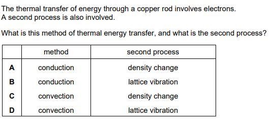 The thermal transfer of energy through a copper rod involves electrons. A second process-example-1