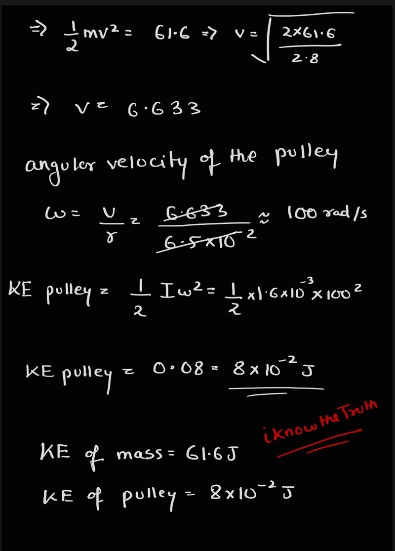 The pulley is a uniform disk with a mass of 0.75 kg and a radius of 6.5 on between-example-2