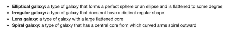 Match the term to its description. Elliptical galaxy Galaxy Lens galaxy Spiral galaxy-example-1