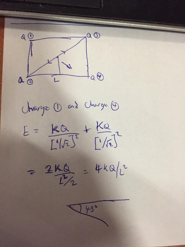 What are the magnitude and direction of electric field at the center of square?-example-2