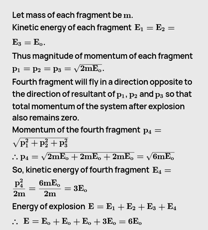 A stationary body explodes into four identical fragments such that three of them fly-example-1