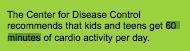 How much time of cardio activity is recommended for kids and teens by the CDC? A. 60 minutes-example-1