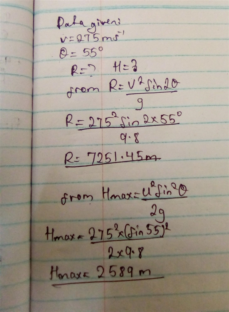 6. An object is fired from the gound at 275 m/s at an angle of 55° N of E. a. How-example-1