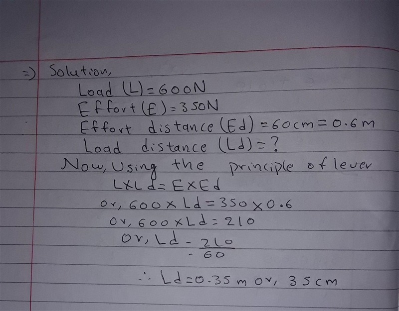 A load of 600 N is lifted using a first-class lever applying an effort of 350 N. If-example-1