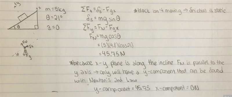 A 5.00 kg crate is on a 21.0 degree hill. Using X-Y axes tilted down the plane, what-example-1