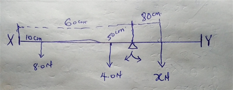 A uniform beam XY is 100 cm long and weighs 4.0N.The beam rests on a pivot 60 cm from-example-1