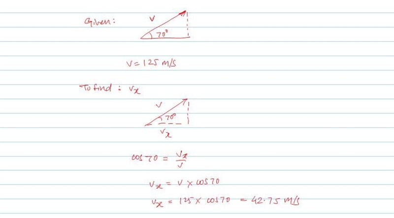 Find the horizontal magnitude of a velocity vector of 125 m/s at an angle of 70°. ______ m-example-1