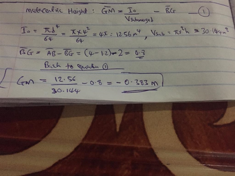 determine the metacentric height of a cylinder of 4 m diameter and height of 4m floating-example-1