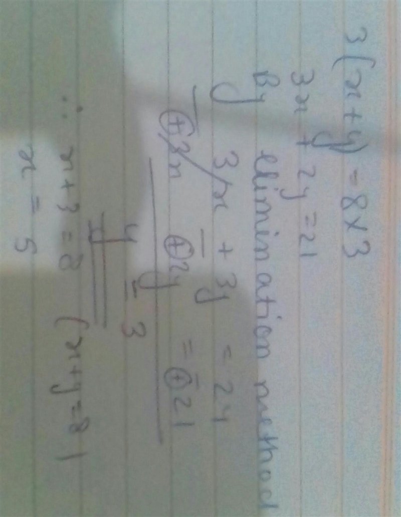 Solve for x and y algebraically: x + y = 8 and 3x + 2y = 21​-example-1