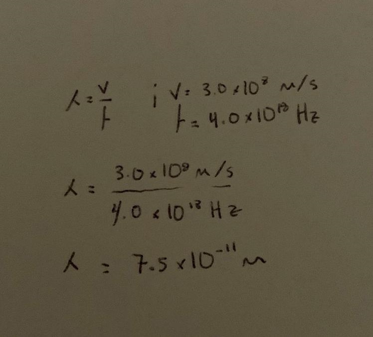 An electromagnetic wave has a frequency of 4.0 x 10^18 Hz. What is the wavelength-example-1