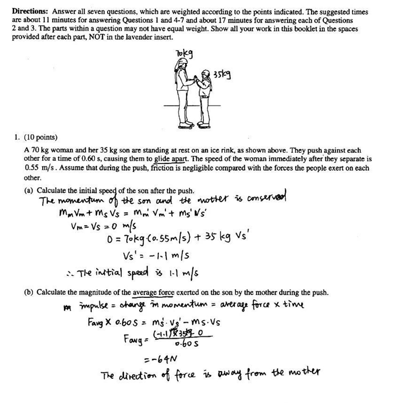 The drawing on the right shows a man (mass = 70kg) and the child (mass = 35 kg) push-example-1