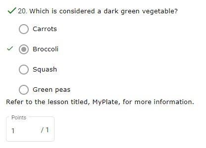 Which is considered a dark green vegetable? A. Carrots B. Broccoli C. Squash D. Green-example-1