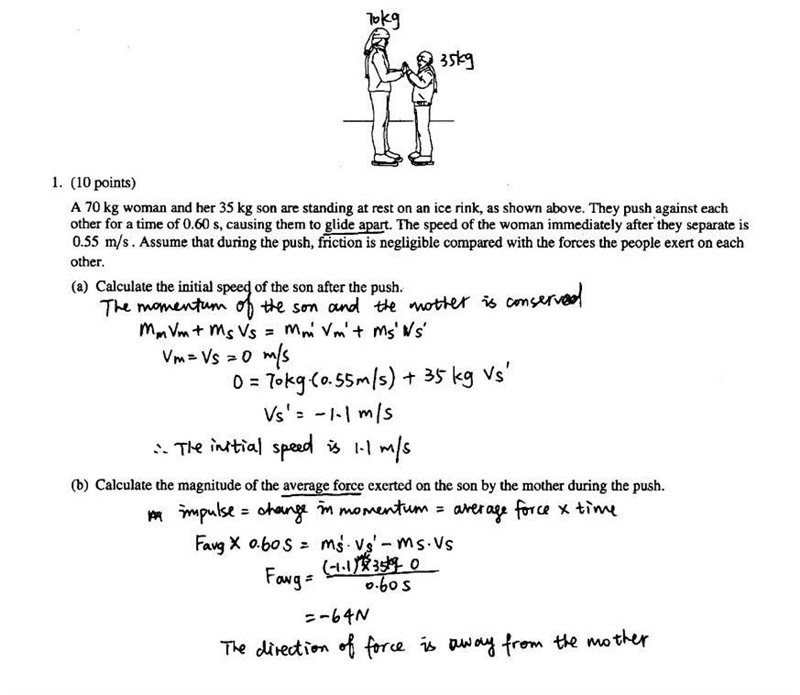 The drawing on the right shows a man (mass = 70kg) and the child (mass = 35 kg) push-example-1