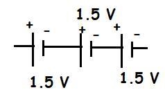 The battery is made up of three 1.5 V cells. Calculate the total potential difference-example-1