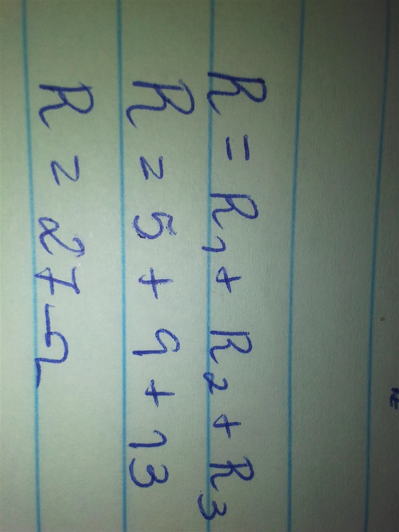 If a 5.0Ω resistor, a 9.0Ω resistor, and a 13.0Ω resistor are connected in series-example-1