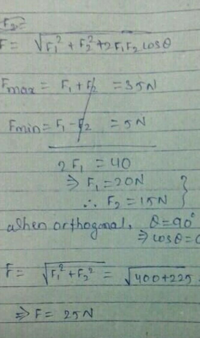 The Maximum and Minimum resultant of two forces are 35N and 51N. What is the possible-example-1