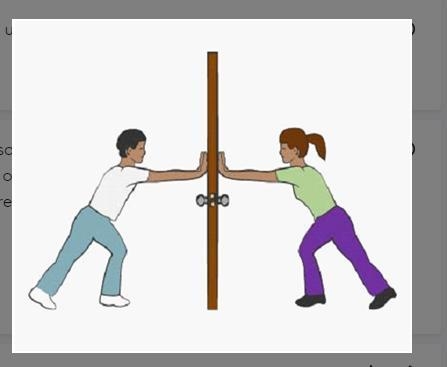 Two people push on the same door from opposite sides as shown. A man pushes on a door-example-1