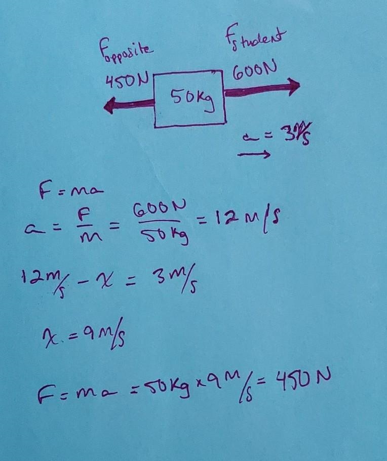 10) Challenge: A student is pushing a 50 kg cart, with a force of 600 N. Another student-example-1