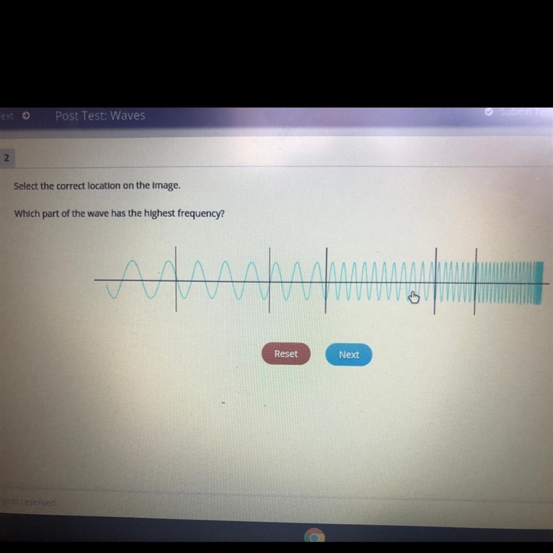 Select the correct location on the image. Which part of the wave has the highest frequency-example-1