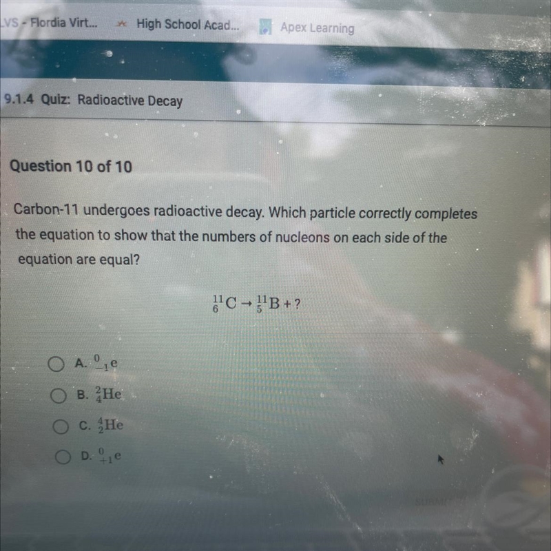 HELP ASAP PLZ Carbon-11 undergoes radioactive decay. Which particle correctly completes-example-1