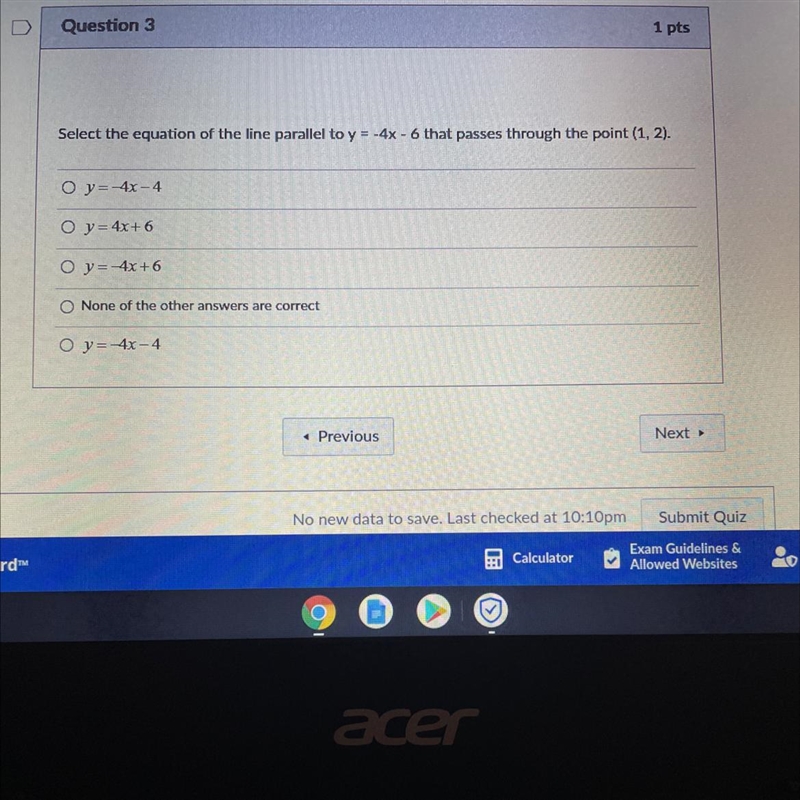 Select the equation of the line parallel to y = -4x - 6 that passes through the point-example-1