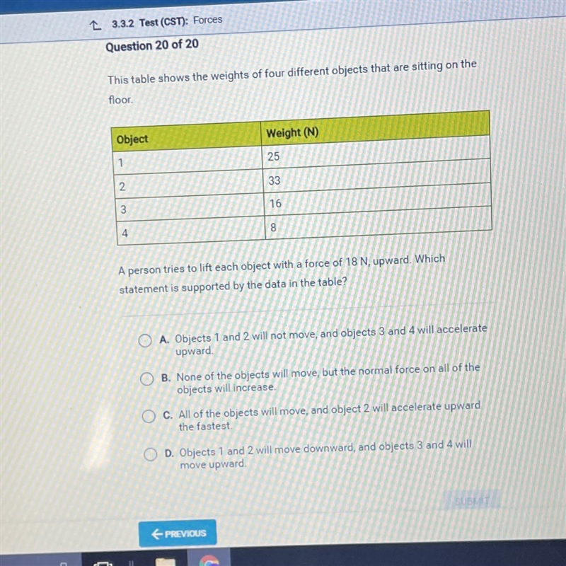 A person tries to lift each object with a force of 18 N, upward. Which statement is-example-1